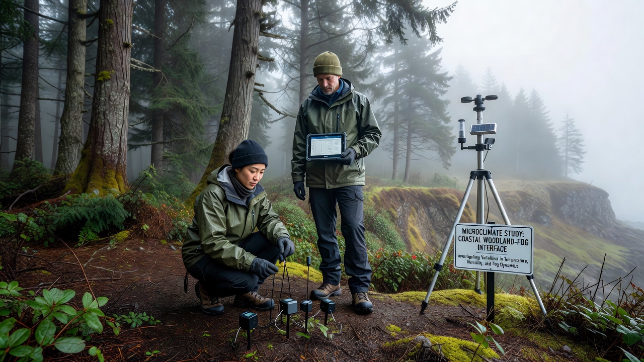 Sensor arrays installed along a transect in fog-prone coastal woodland to record microclimate gradients over multiple seasons
