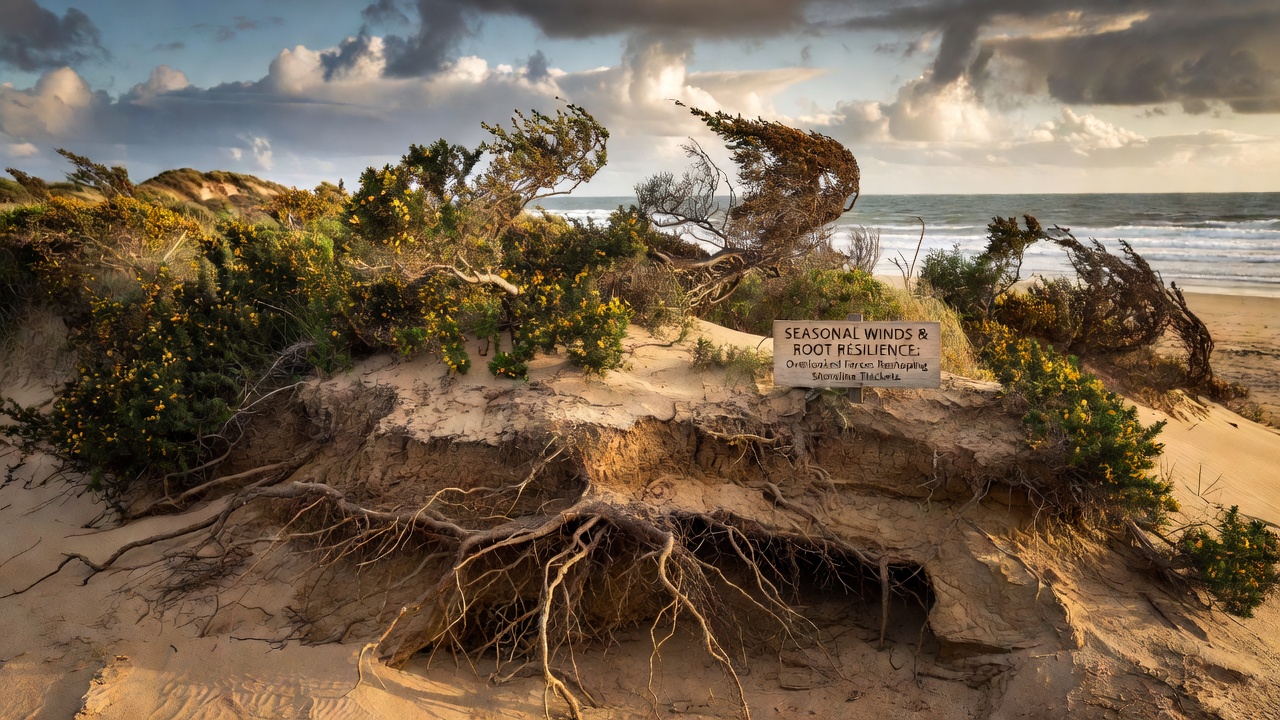 Close view of intertwined roots in shoreline thicket soil exposed by seasonal wind erosion