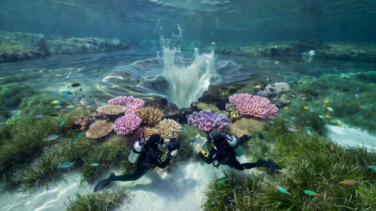 Underwater photograph showing diverse marine life clustered around a freshwater spring vent on the seafloor